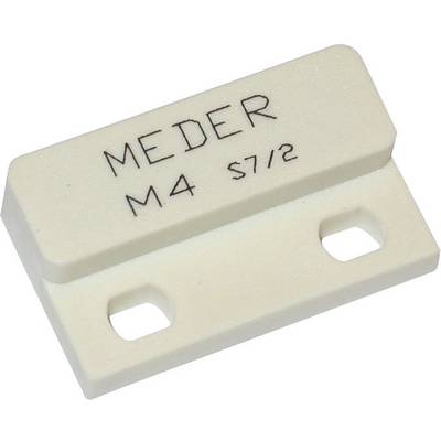 Witte magnetische sensor, rechthoekig, met opschrift 'MEDER M4 S7/2', twee bevestigingsgaten onderaan.
