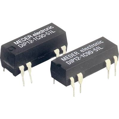 Twee zwarte elektronische componenten met de opdruk 'MEDER electronic DIP12-1C90-51L', elk voorzien van zes metalen aansluitingen.