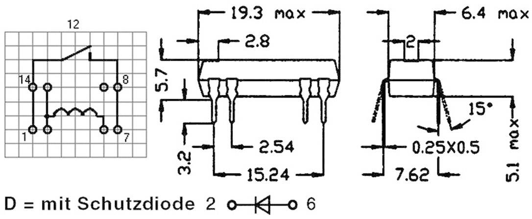 Schakeling en afmetingen van een IC: Links het schakelschema, rechts de afmetingen in millimeters met markeringen voor breedte, hoogte en aansluitingen.
