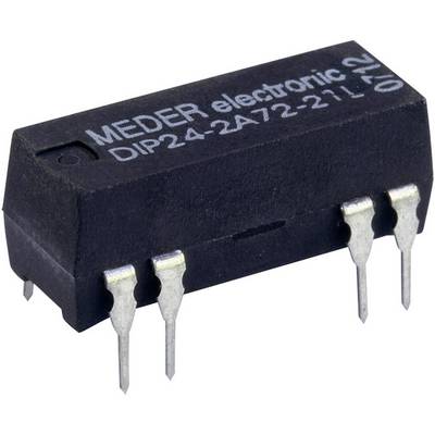 Een zwart elektronisch onderdeel met de opdruk 'MEDER electronic' en 'DIP24-2A72-21L', met zes zilveren aansluitpunten.