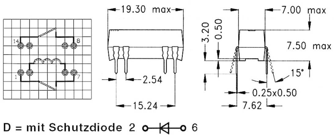 'Technische tekening van een elektronisch onderdeel met afmetingen: 19,30 x 7,50 mm. Bevat beschermdiode en aansluitgegevens.'