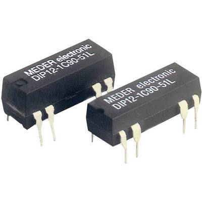 Twee zwarte elektronische componenten met de opdruk 'MEDER electronic DIP12-1C90-51L', elk met vier metalen pinnen aan de zijkanten.