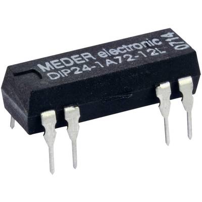 Een zwart elektronisch onderdeel met zes zilveren aansluitingen, gemarkeerd met 'MEDER electronic DIP24-1A72-12L 0714'.
