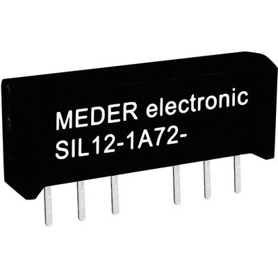 Zwart Meder electronic RELAIS SIL12-1A72 met zes metalen pinnen, tekst 'MEDER electronic SIL12-1A72-' aan de bovenkant.