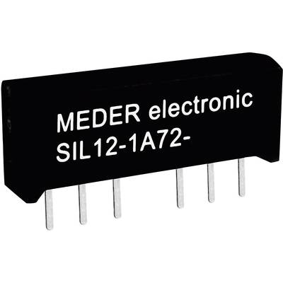 'Zwart elektronisch relais van MEDER electronic met het opschrift SIL12-1A72 en meerdere aansluitpennen onderaan.'