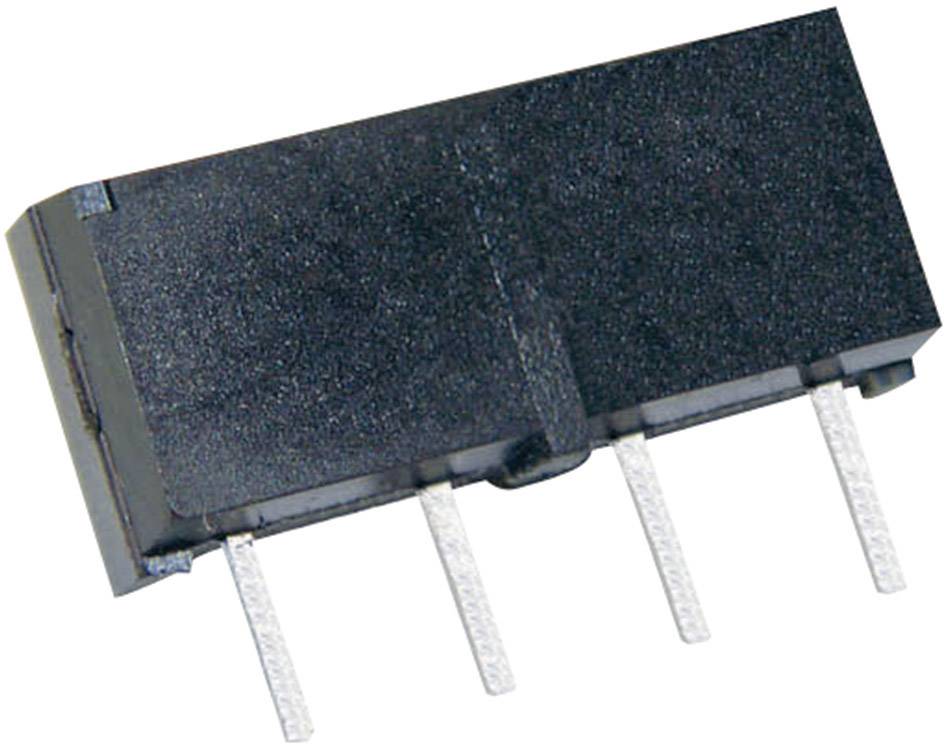 Een zwart elektronisch onderdeel met vier metalen pinnen, dat wordt gebruikt als relais of vergelijkbaar component in elektronische schakelingen.