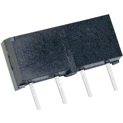 Een zwart elektronisch onderdeel met vier metalen pinnen, dat wordt gebruikt als relais of vergelijkbaar component in elektronische schakelingen.