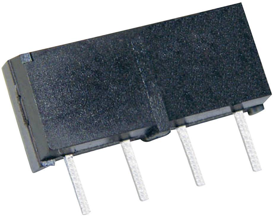 Een zwart elektronisch onderdeel met vier zilveren pinnen, vermoedelijk een chip of een aansluiting.