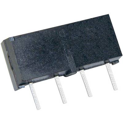 Een zwart elektronisch onderdeel met vier zilveren pinnen, vermoedelijk een chip of een aansluiting.