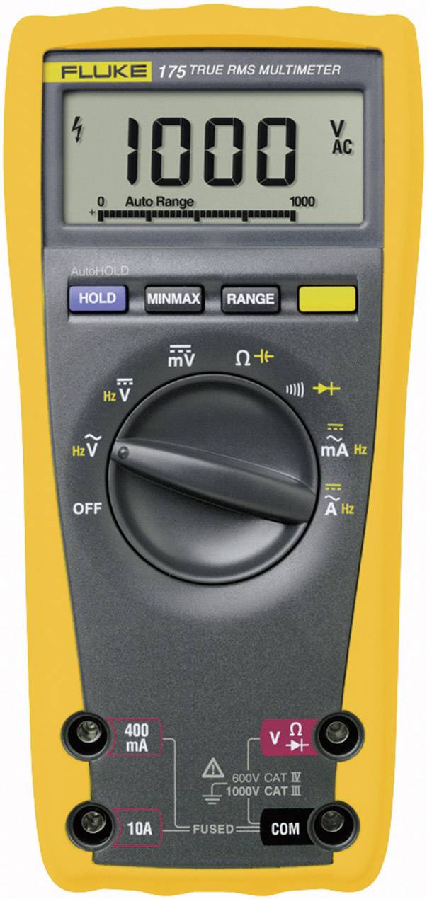 Een digitaal multimeter in het geel toont '1000 V AC' op het display. Het heeft een draaiknop voor verschillende meetopties.