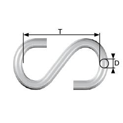 De afbeelding toont een S-vormig metalen onderdeel met twee open uiteinden. Breedte en diameter zijn gemarkeerd met 'T' en 'D'.