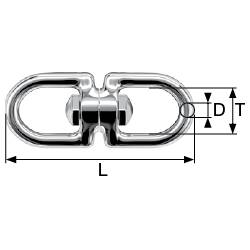 Een schakel met de afmetingen L (lengte), D (diameter) en T (diepte) is afgebeeld. Het is vervaardigd uit metaal en heeft een ovale vorm.