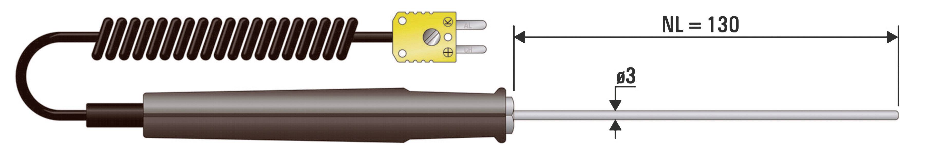 Een temperatuursensor met een USB-stekker, gekenmerkt door 'NL = 130' en 'Ø3', geeft de afmetingen van de sensor aan.