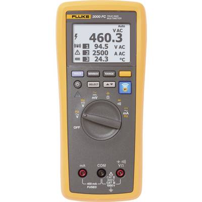 Digitale multimeter in geel en grijs met display-aflezing: '460,3 V AC', '94,5 A', '2500 Hz', '24,3°C'. Knoppen voor functies.