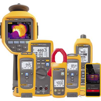 Verschillende gele elektronische meetinstrumenten, waaronder een warmtebeeldcamera, een multimeter en andere, voor het meten van elektrische waarden.
