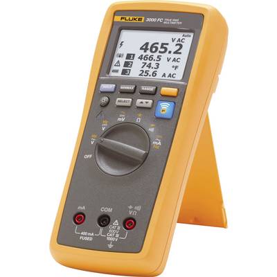 Een digitale multimeter meet een wisselspanning van 465,2 V. De display toont ook 466,5 V, 74,3% zwevend gemiddelde en 25,6 A aan.