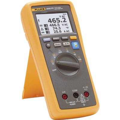 Een gele digitale multimeter met een display dat de spanningswaarde van 465,2 V weergeeft. Het apparaat heeft meerdere meetopties.