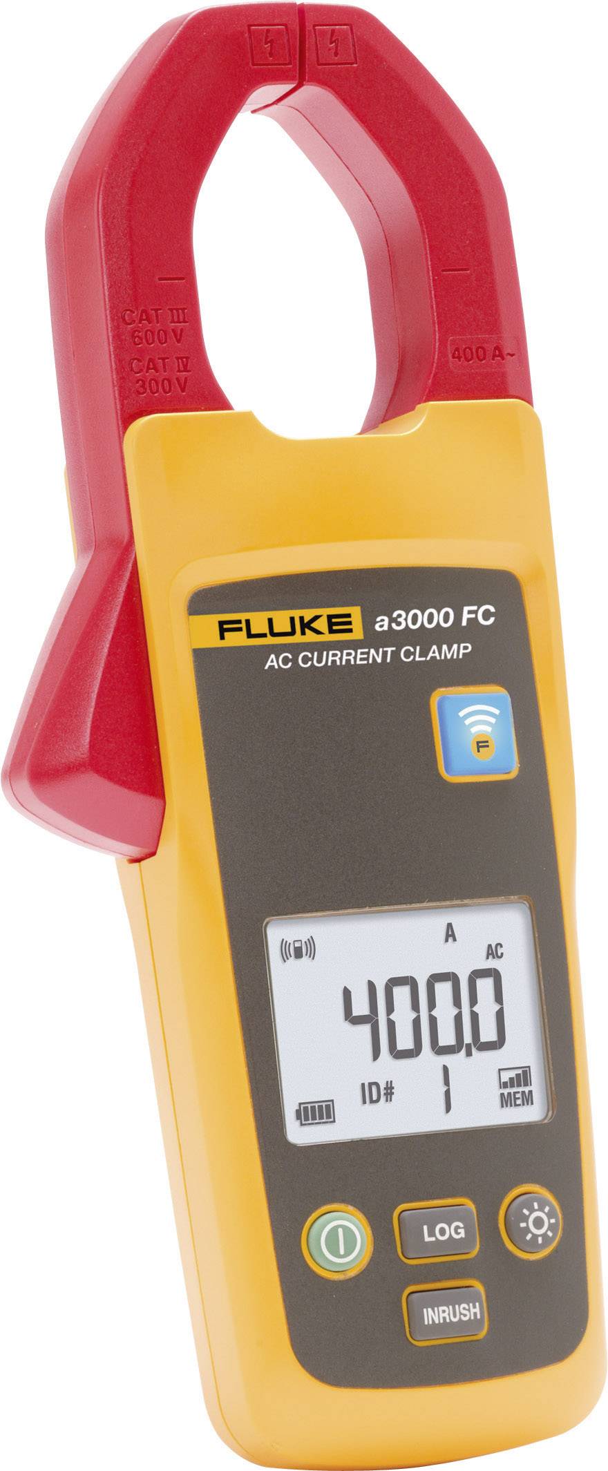 Een geel en rood Fluke-meetapparaat voor het meten van wisselstroom, toont '400.0 A' op het display. Geschikt voor elektrische inspecties.
