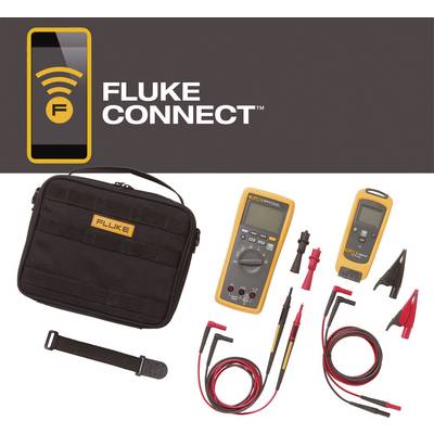 Fluke Connect Kit met draagtas, digitale multimeter, netwerkkabels en toebehoren voor elektronische metingen, geschikt voor professionals.