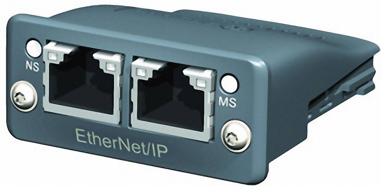 Een grijs EtherNet/IP-module met twee netwerkpoortaansluitingen, gemarkeerd als 'NS' en 'MS', aan de voorzijde.