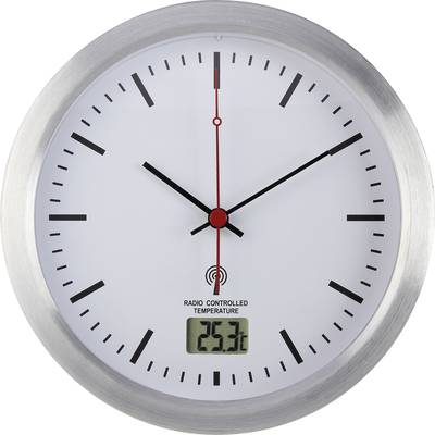 Analoge wandklok met metalen rand toont 10:10 uur; onderaan digitale weergave met temperatuur van 23,3°C.
