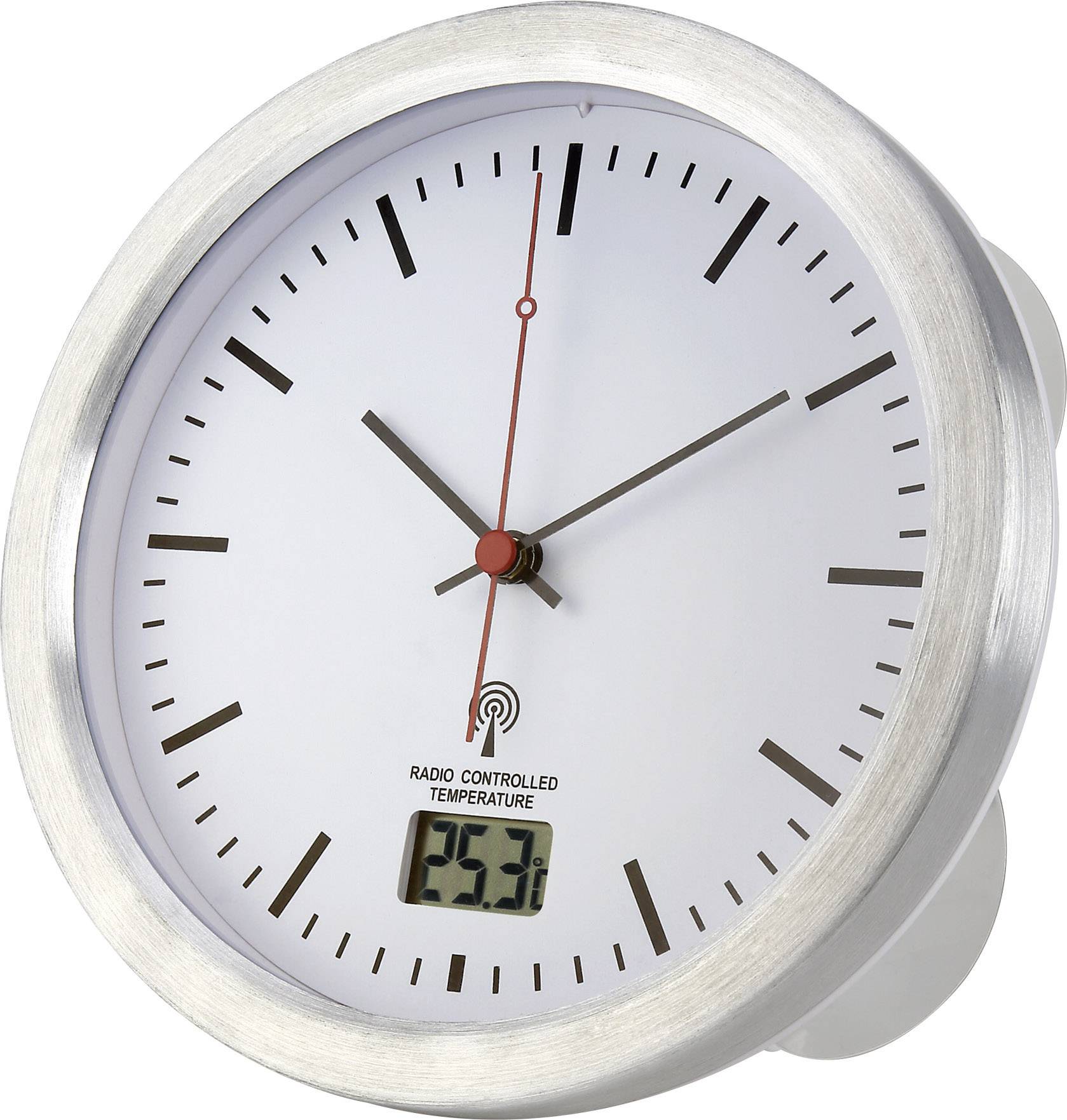 Analoge klok met metalen frame toont 10:10 uur. Digitale display eronder toont temperatuur: 23,5°C. Geschikt voor wandmontage.