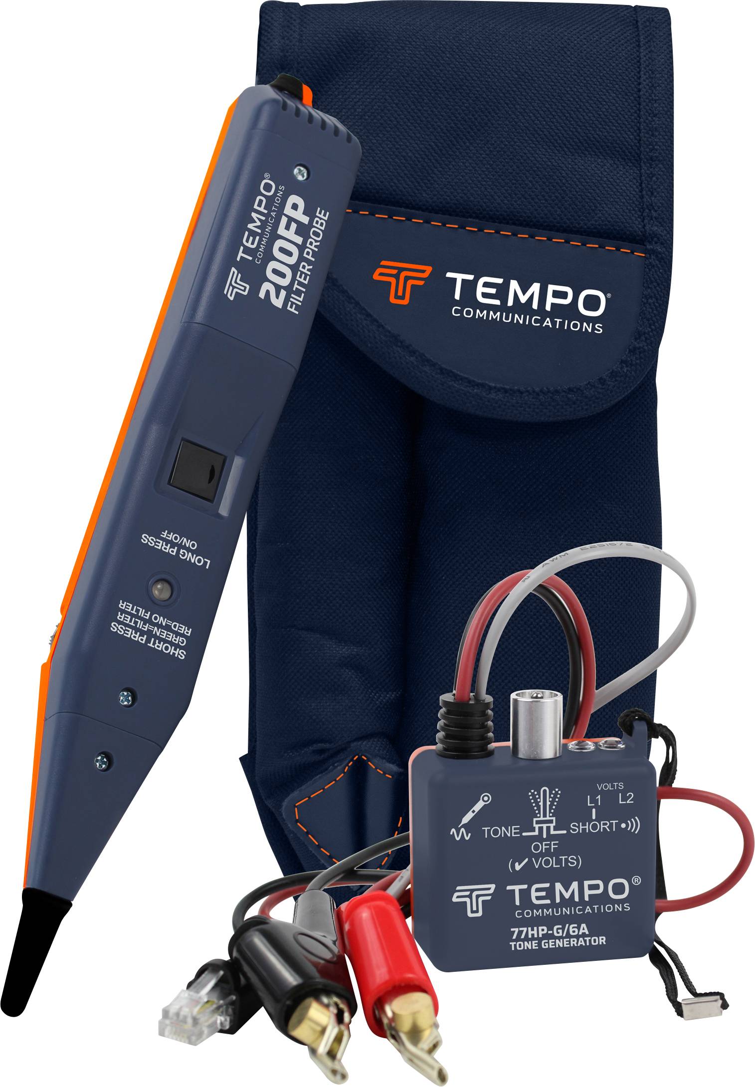 Een testapparatuur-set van Tempo Communications, bestaande uit een toner en een lijnzoeker, met bijbehorende zwarte draagtas.