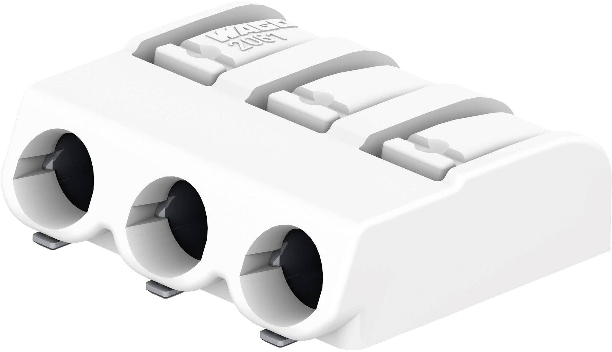 Een witte multiconnector met drie openingen en een hefmechanisme voor eenvoudige aansluiting van elektrische draden.