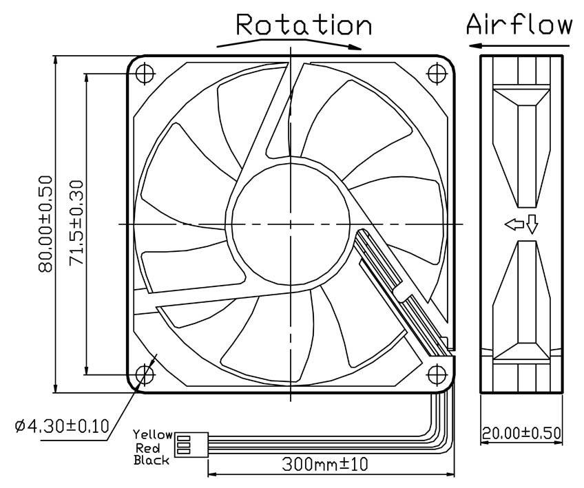 Technische tekening van een ventilator met maatvoering. Toont diameter, luchtstroom richting, rotatie richting en kabelkleuren voor aansluiting.