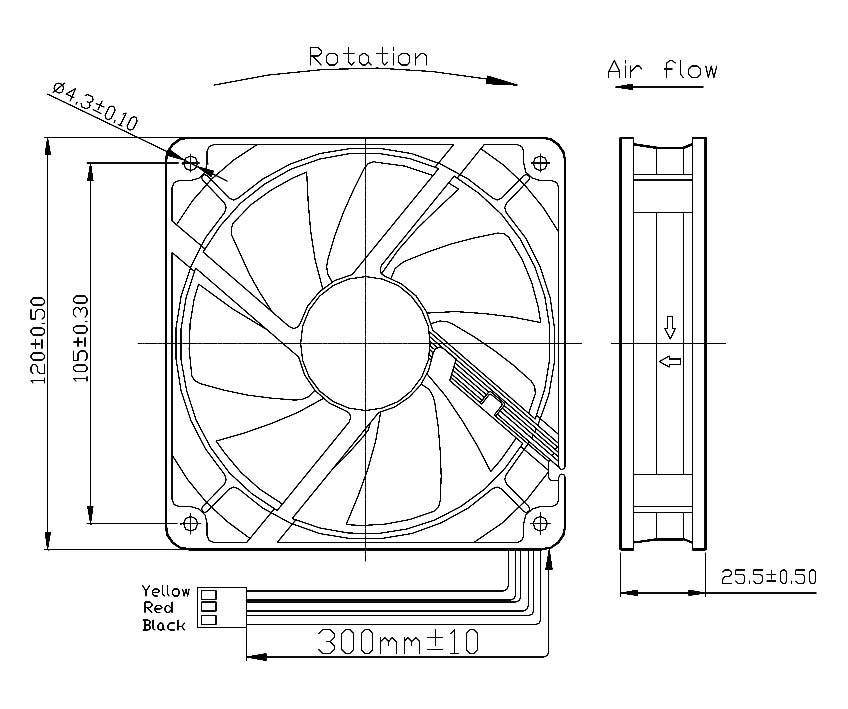 Constructietekening van een ventilator met afmetingen: 120 x 120 x 25,5 mm. Geeft luchtstroom- en rotatirichtingen aan.