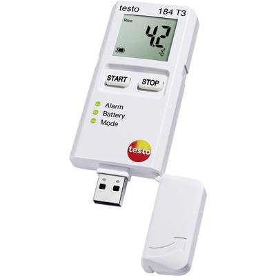 Temperatuur-datalogger Testo 184 T3 met USB-aansluiting, toont 4,2°C op display, toetsen voor start en stop, status-LED's voor alarm, batterij en modus.