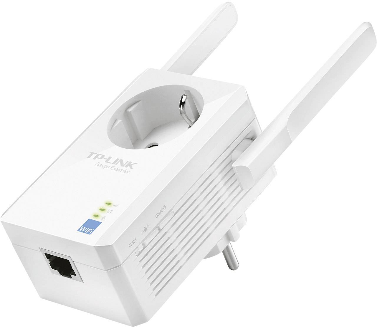 Een TP-Link WLAN-repeater met twee antennes en geïntegreerde stopcontactaansluiting. Apparaat toont LED's voor statusweergave.
