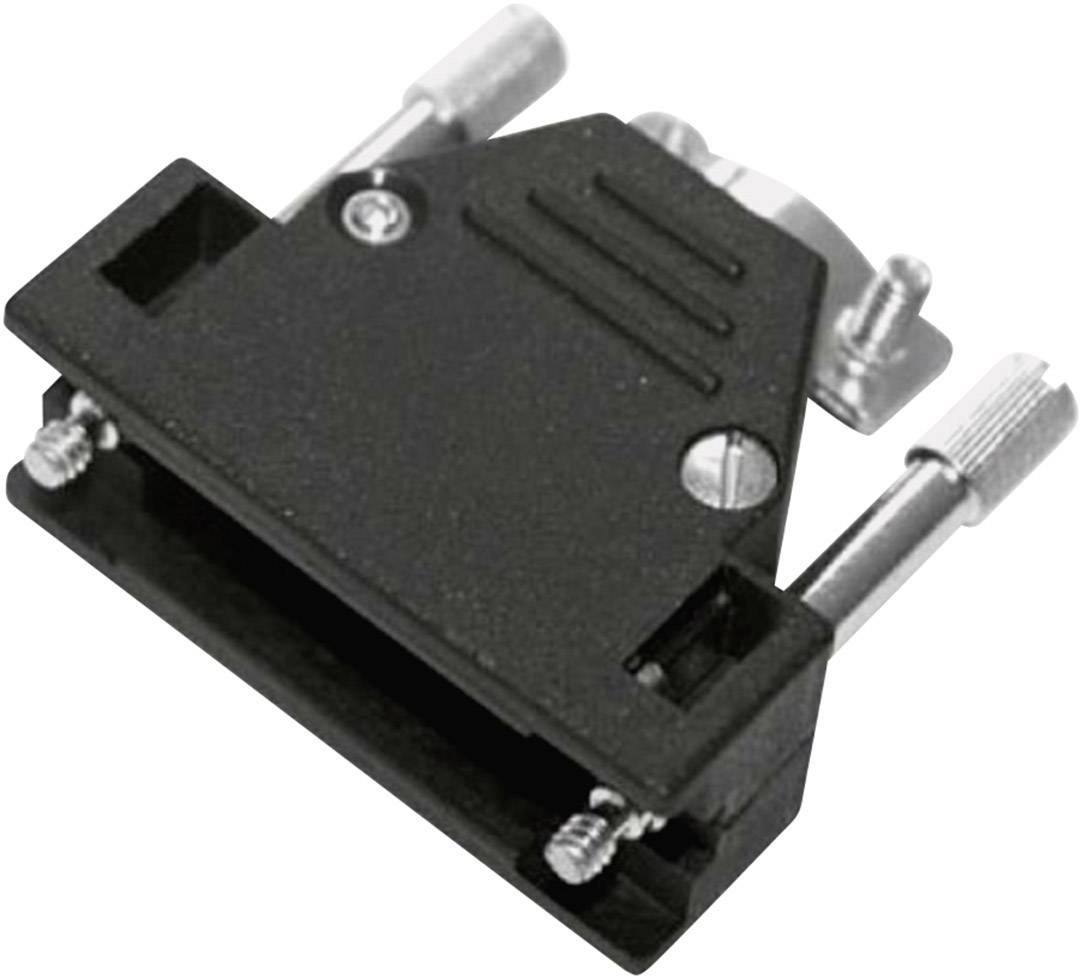 Een zwart D-Sub-connectorkast met schroeven voor een vaste bevestiging. Geschikt voor elektronische verbindingen.