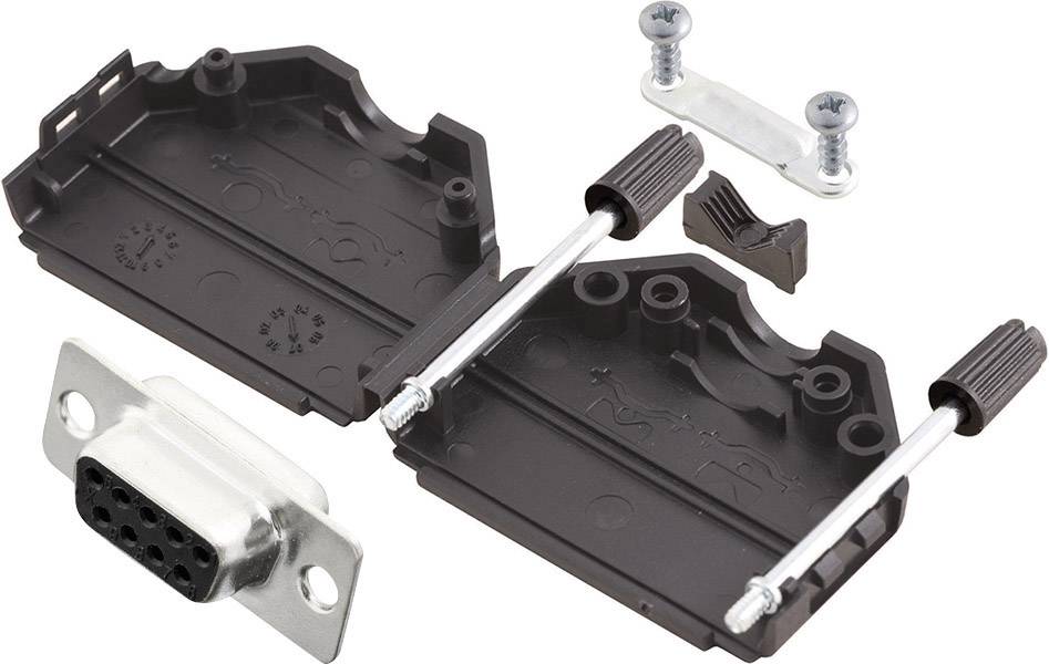 Een zwart D-Sub-stekkerhuis met schroeven en metalen aansluitingen. Ideaal voor het monteren van elektrische verbindingen.