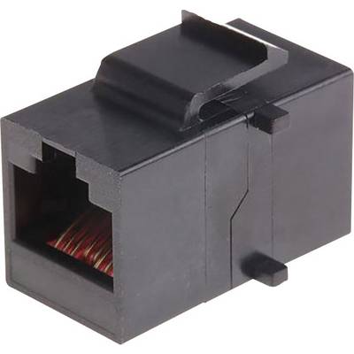 Een zwarte Ethernet-keystone-modulstekker met RJ-45-aansluiting, die doorgaans wordt gebruikt in netwerbekabeling.