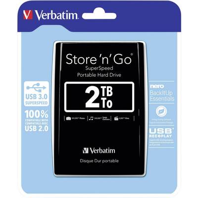 Externe harde schijf 'Verbatim Store 'n' Go' met 2 TB opslagruimte. Compatibel met USB 3.0 en 2.0. Verwijzing naar Nero BackItUp Software.