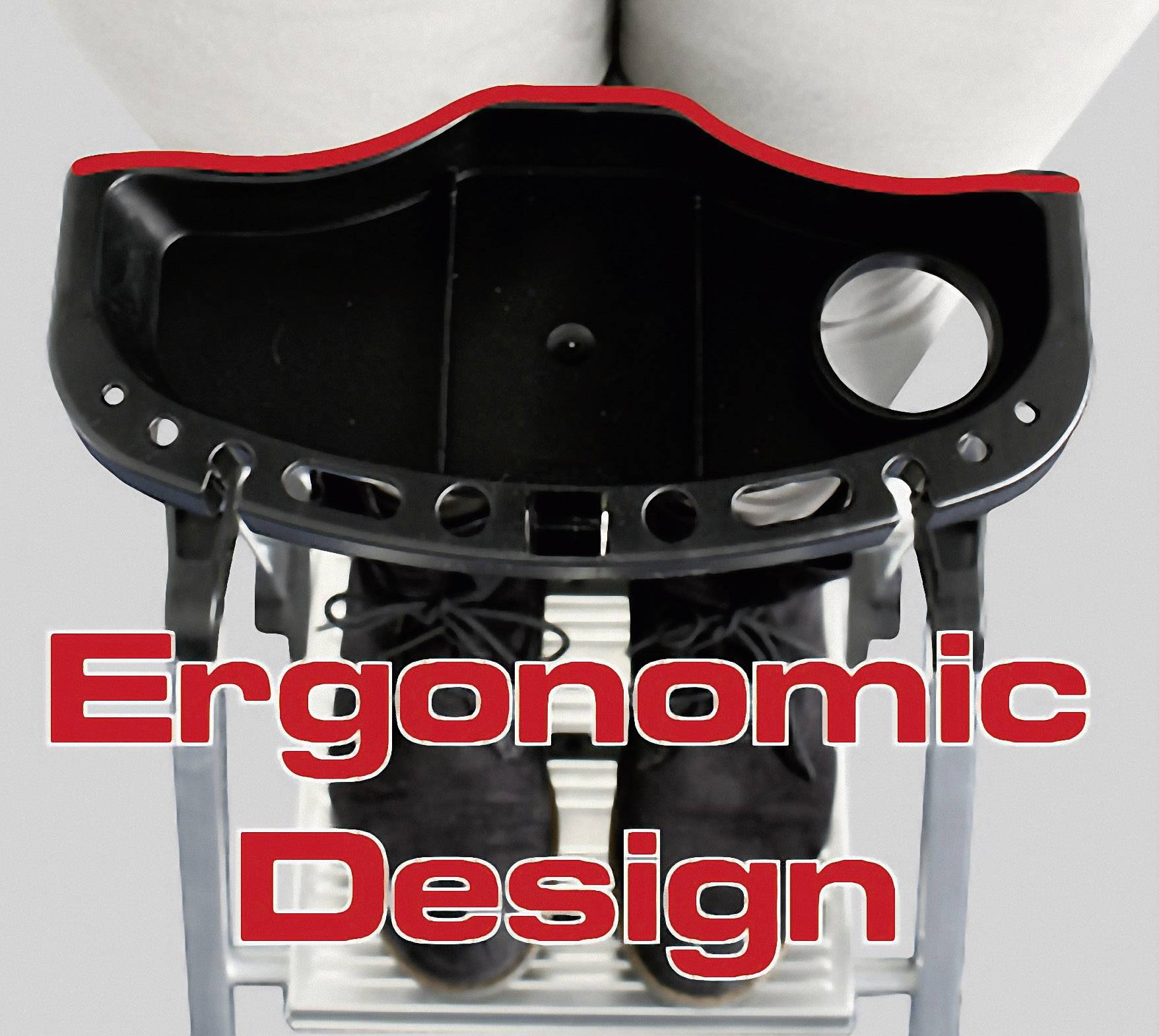 Een persoon staat op een ladder met een platform dat het ergonomische ontwerp benadrukt. Tekst: 'Ergonomisch Ontwerp'.