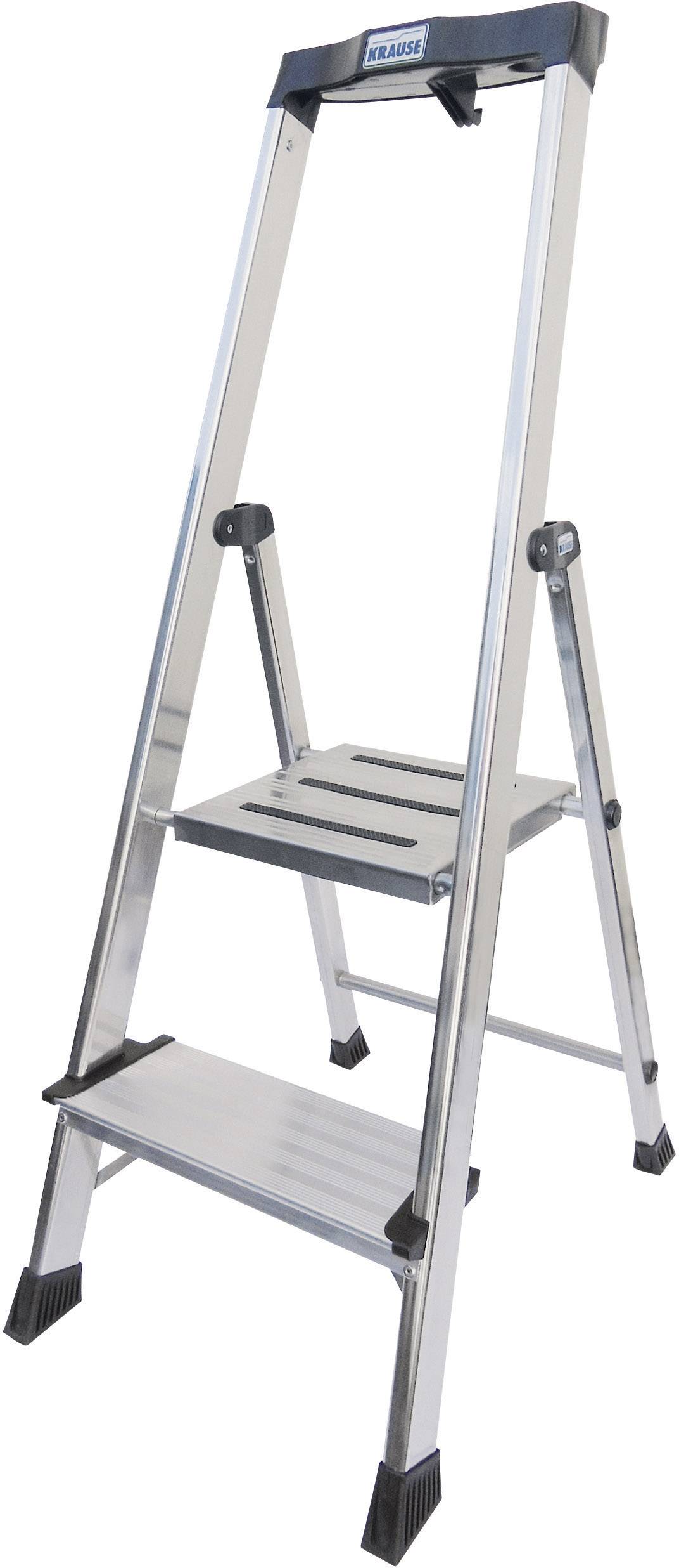 Aluminium opvouwbare trapladder met twee treden en stevige zwarte kunststof voeten. Ideaal voor gebruik binnenshuis om moeilijk bereikbare plekken te kunnen bereiken.