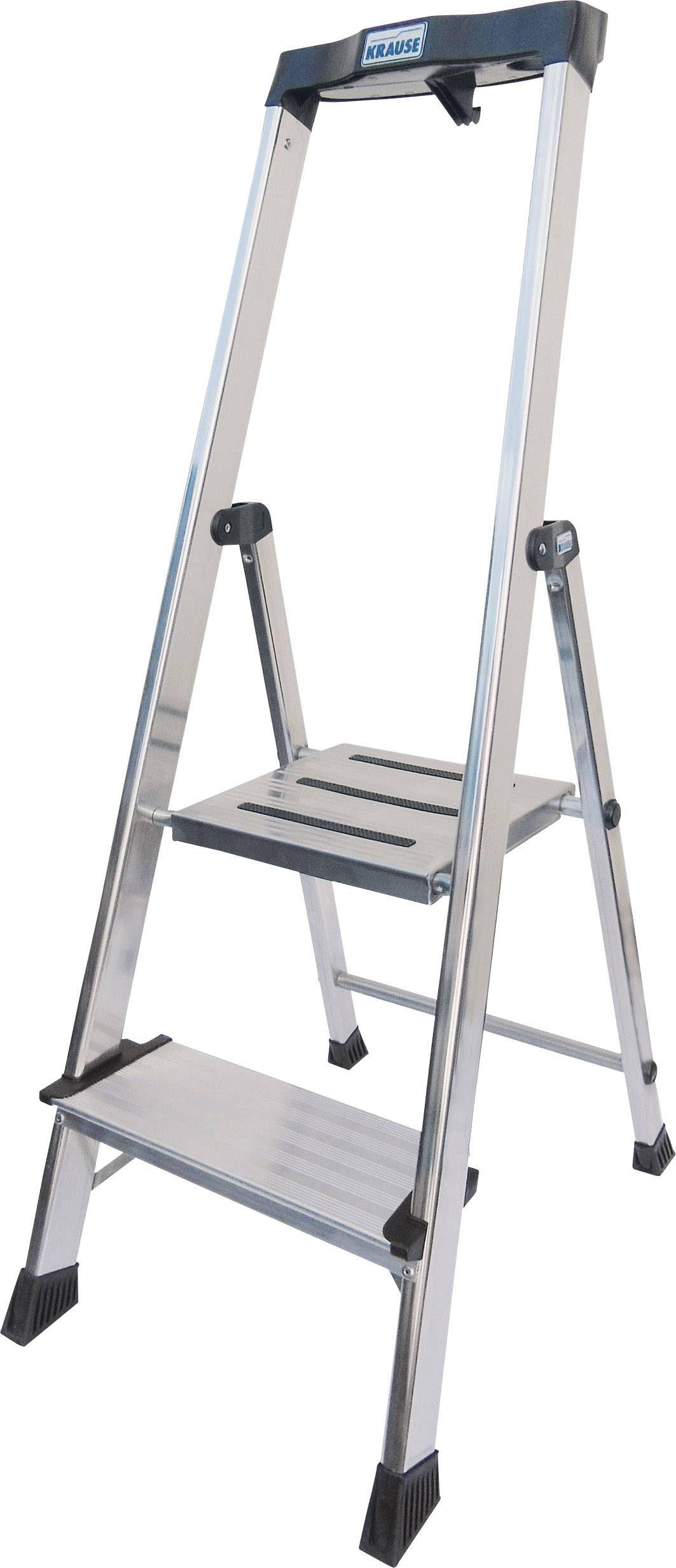 Aluminium ladder met twee treden, stevig frame, geschikt voor gebruik binnenshuis, met antisliplaag op de voeten voor extra veiligheid.