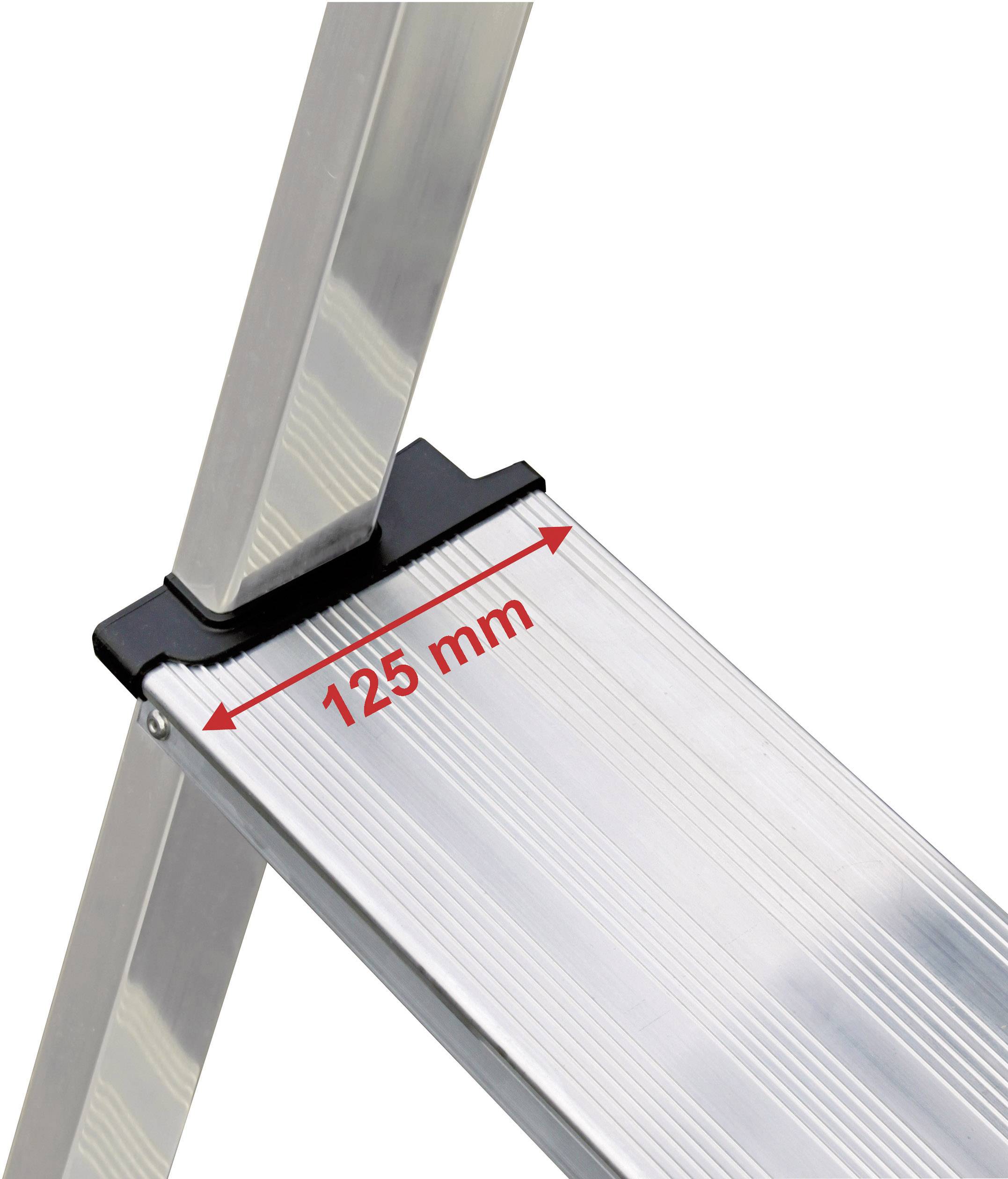 Een close-up van een metalen laddertrede met de markering '125 mm', die de breedte van de trede aangeeft.