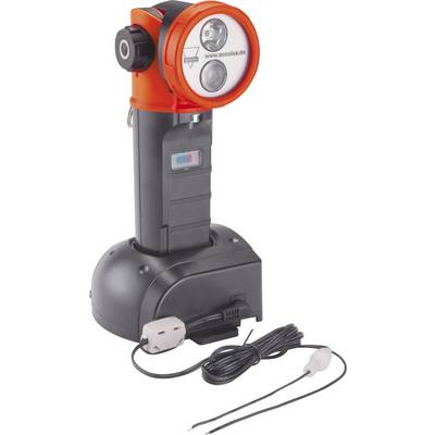 Oplaadbare zaklamp met rode lampenkop en zwarte handgreep, inclusief laadstation en laadkabel, met merknaam op de lamp.