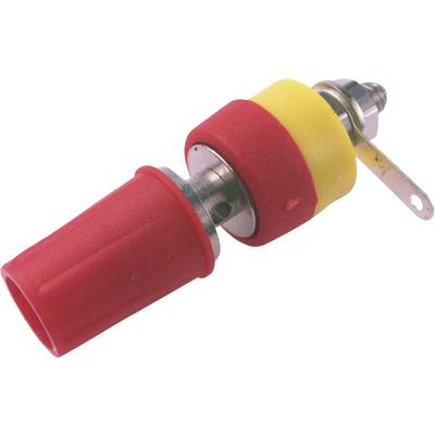 Een metalen onderdeel met een rood-gele omhulling en een bevestigingsgat, waarschijnlijk deel van een elektrische verbinding.