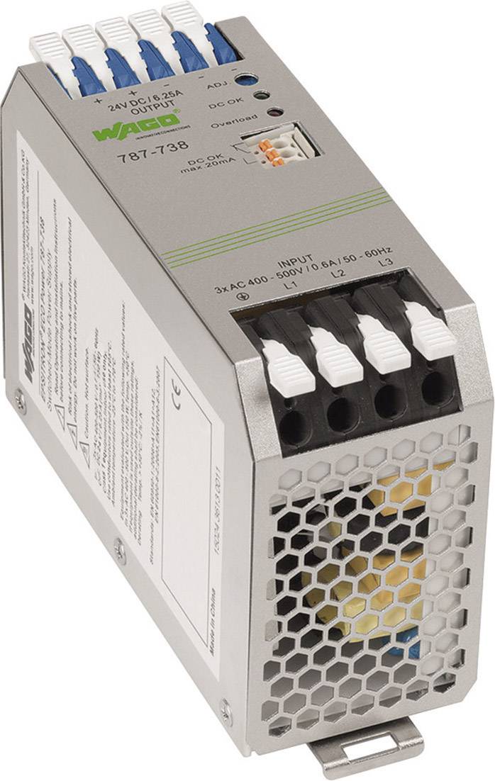 Elektronisch apparaat met meerdere aansluitingen en schakelaars aan de voorkant, opschrift bovenaan: 'WAGO 787-738'.