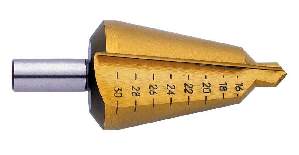 Trapleerboortje van metaal met gouden coating en ingeëtste maataanduidingen van 4 tot 30 millimeter.