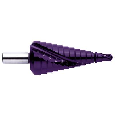 Stappenboor van metaal met een cilindrische schacht en trapsgewijs toenemende diameters, geschikt voor het boren in verschillende maten.