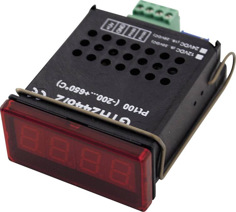 Digitale voltmeter met rode LED-display, genummerd van 1 tot 100, zwarte kunststof behuizing, elektrische aansluitingen bovenaan zichtbaar.