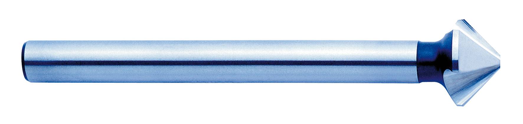 Metalen boor met een conische verzinkboor aan het uiteinde, geschikt voor het ontbramen of verzinken van gaten in werkstukken.