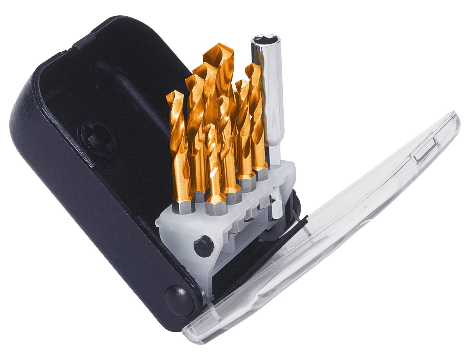 Een geopend etui met meerdere goudkleurige boren in verschillende formaten, klaar voor gebruik.