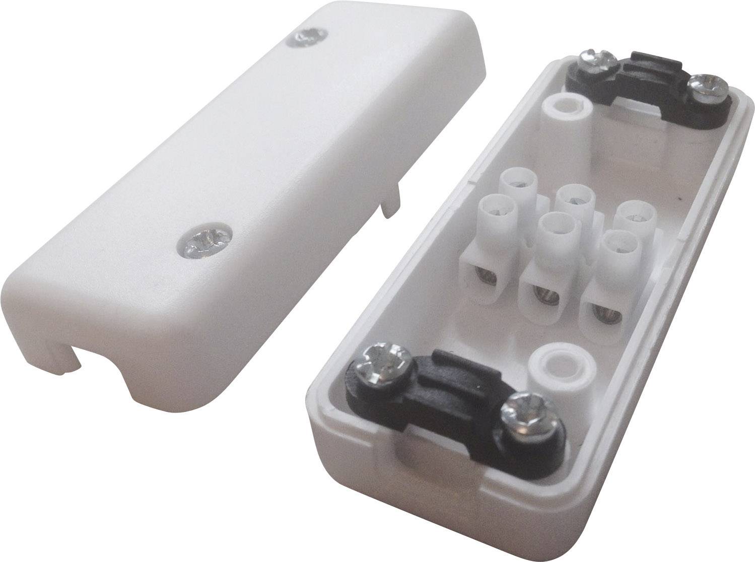 Een geopende witte kabelverbinder toont drie klemaansluitingen en schroeven voor de bevestiging; de behuizing ligt ernaast.