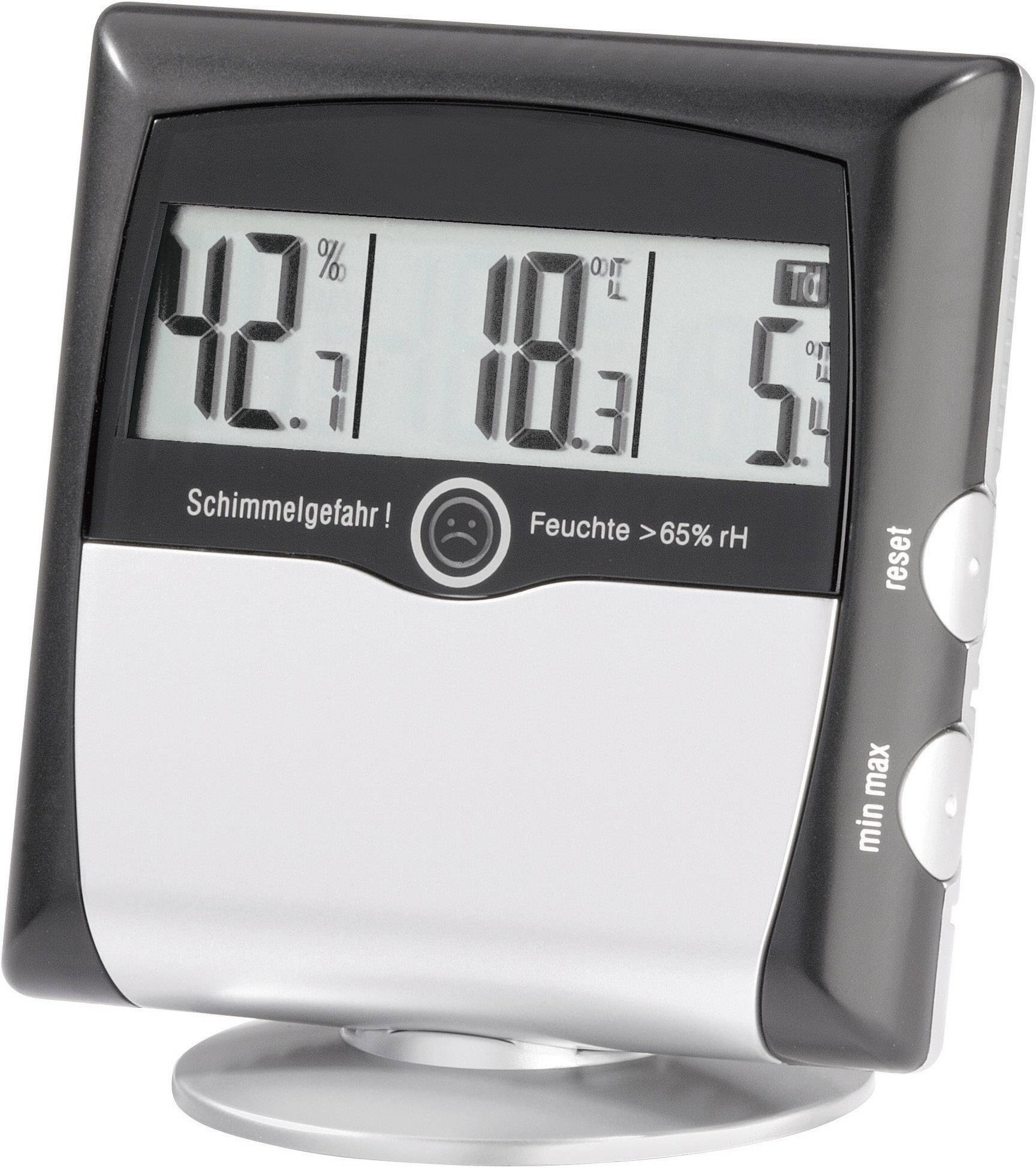 Digitale thermo-hygrometer toont 42% luchtvochtigheid en 18°C temperatuur. Display waarschuwt voor schimmelgevaar bij vochtigheid boven 65% RV.